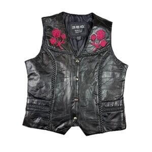 LIVE-RIDE-ROCK Buffalo Leather Vest‎ Med Black Patchwork Rose Embroidered Biker